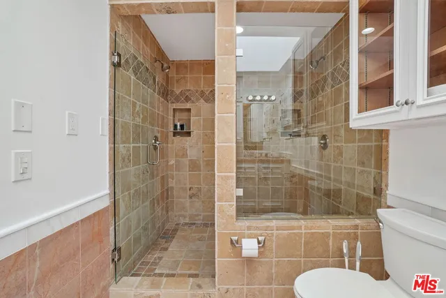 a bathroom with a shower and a toilet