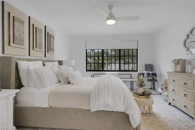 a spacious bedroom with a bed and a large window