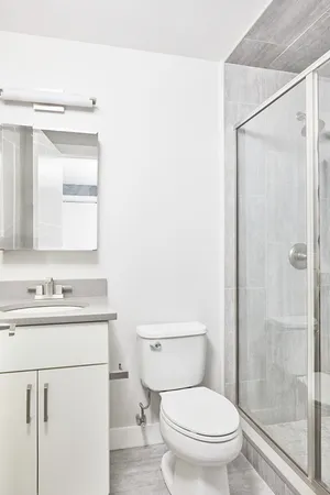 a bathroom with a toilet a sink a mirror and a shower