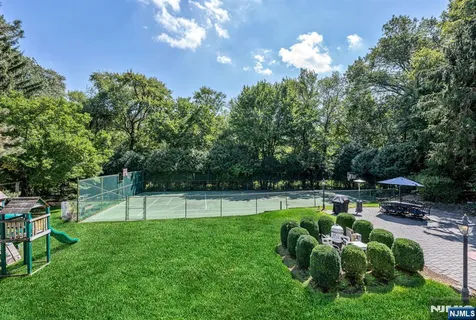 a garden view with a seating space