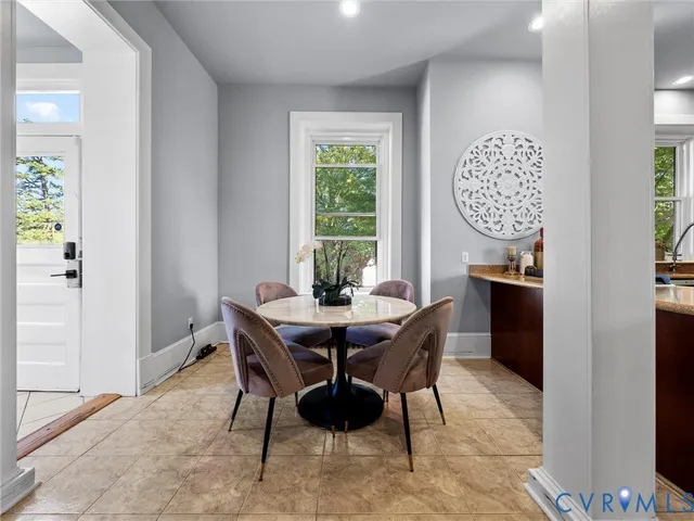 a view of a dining room with furniture window and outside view