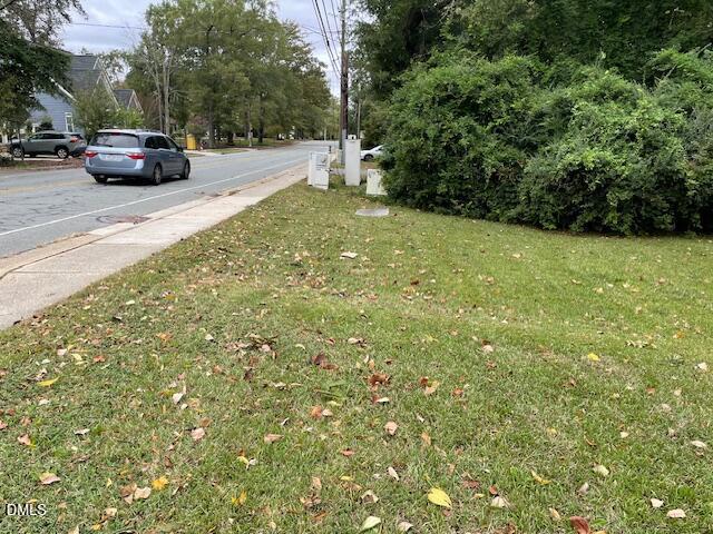a view of yard with car parked on road