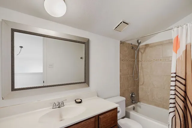a bathroom with a bathtub shower sink vanity and toilet
