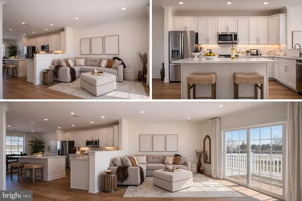 a living room with stainless steel appliances kitchen island granite countertop a stove top oven a sink a refrigerator and white cabinets with wooden floor