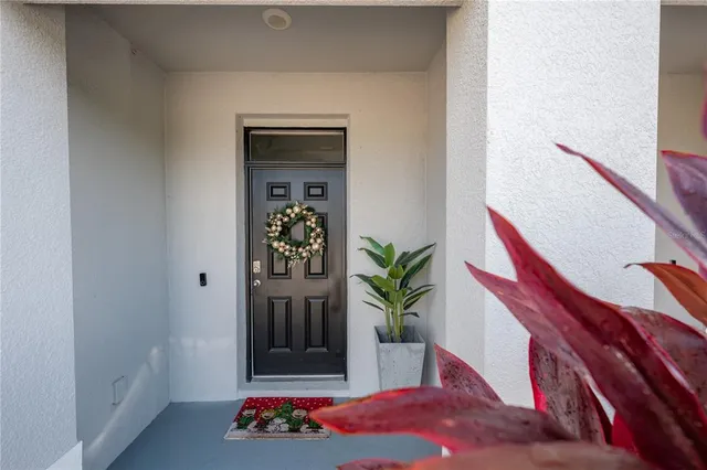 a view of a hallway with paintings on the wall and a potted plant