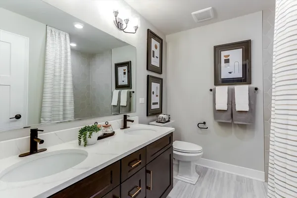 a bathroom with a sink a toilet and a large mirror