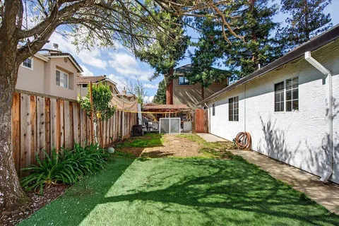 a garden view with a seating space
