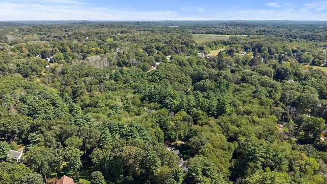 an aerial view of a town with trees in the back