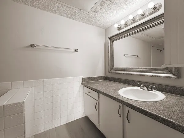 a bathroom with a granite countertop sink and a mirror