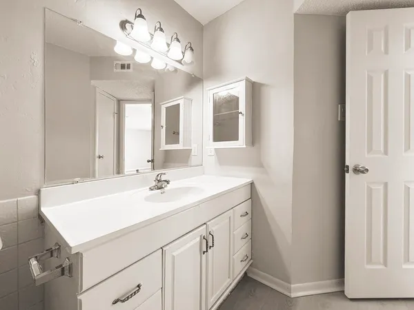 a bathroom with a sink a vanity and a mirror