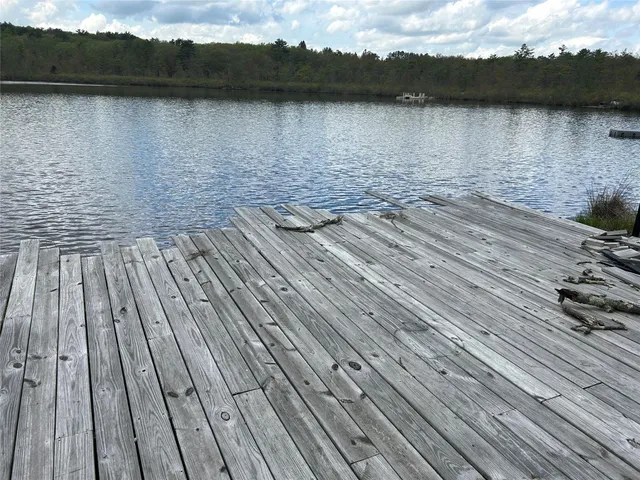 a view of a lake with houses in back