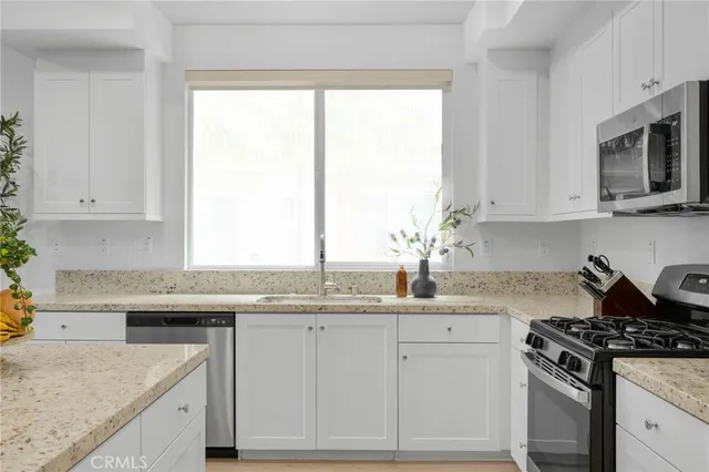 a bathroom with a granite countertop sink and a potted plant