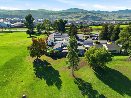 an aerial view of residential houses with outdoor space and trees
