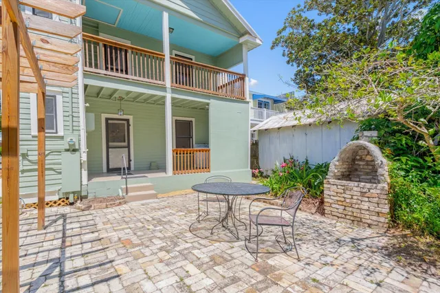 a garden view with a seating space