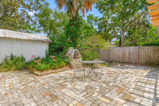 a garden view with a seating space