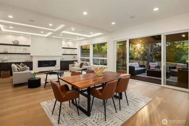 a view of a dining room with furniture window and outside view