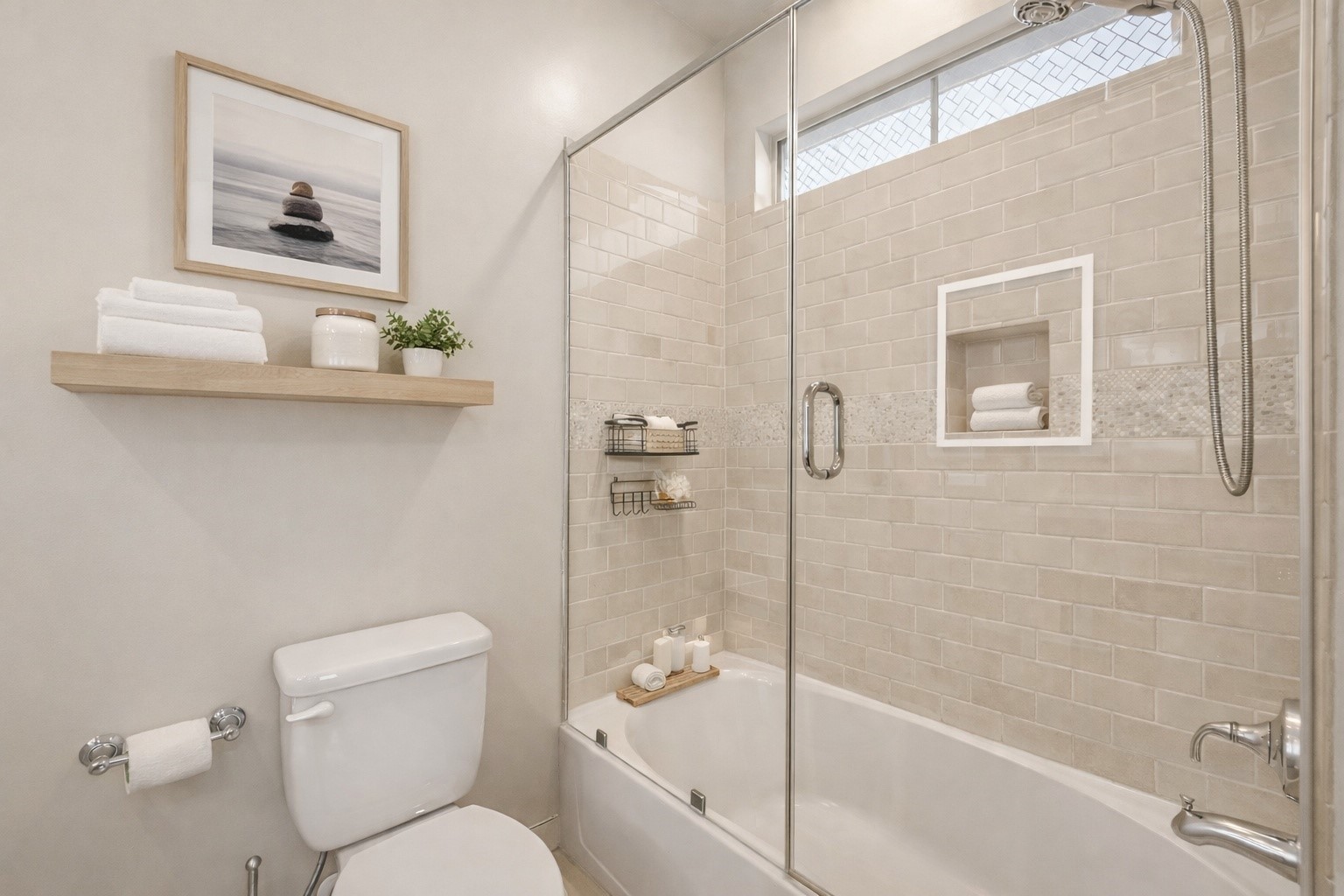 122 Gateway Park Place Spring, TX 77380 - Photo 34 of 44 Freshly updated bath features subway tile surround, glass shower panel, and built-in niche.
