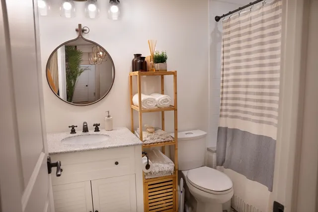 a bathroom with a sink a toilet and mirror