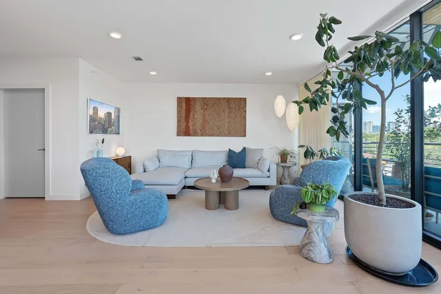 a living room with furniture and a potted plant