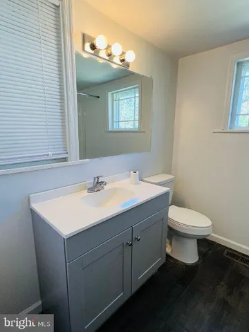 a bathroom with a sink toilet and mirror