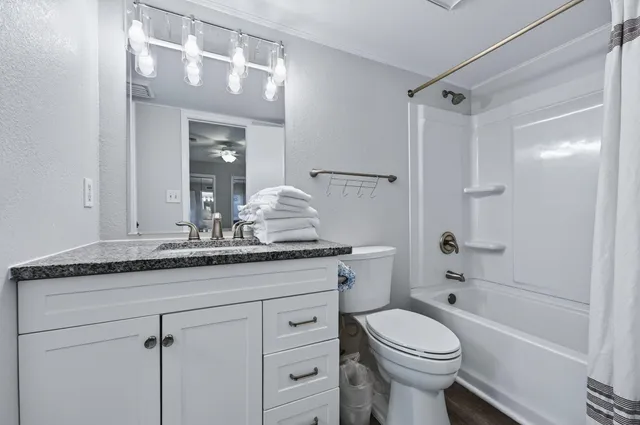 a bathroom with a granite countertop sink a toilet and shower