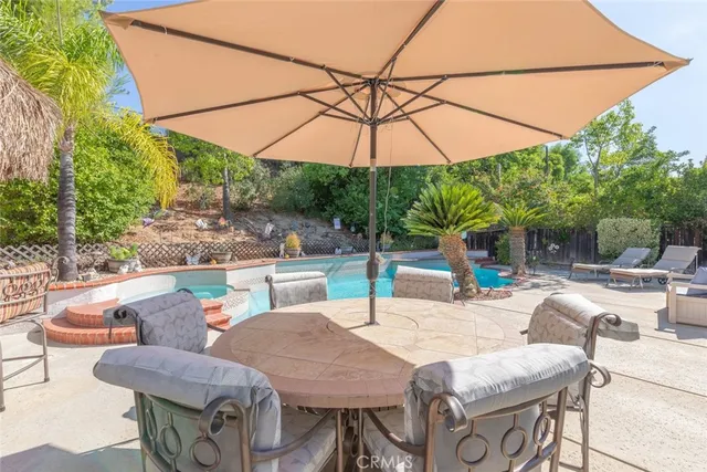 a patio with a table and chairs under an umbrella