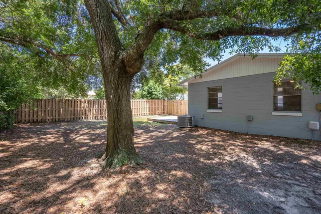 a view of a house with backyard and a tree