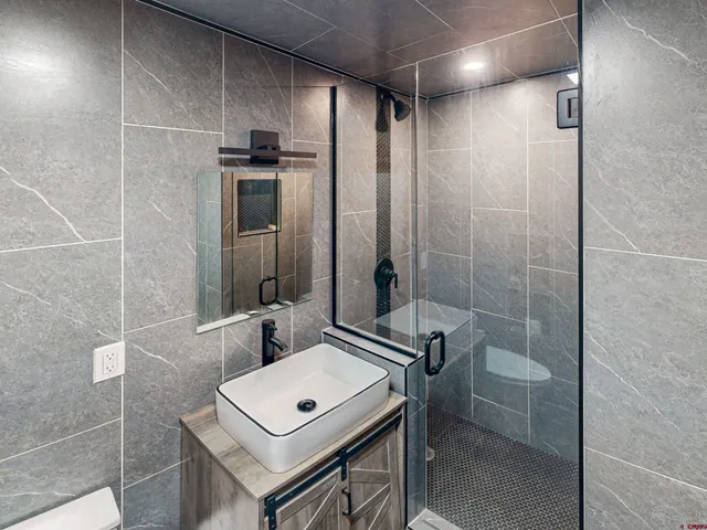 a bathroom with a shower a sink and a mirror