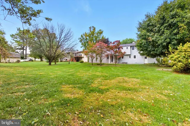 a group of people sitting in a yard with large trees