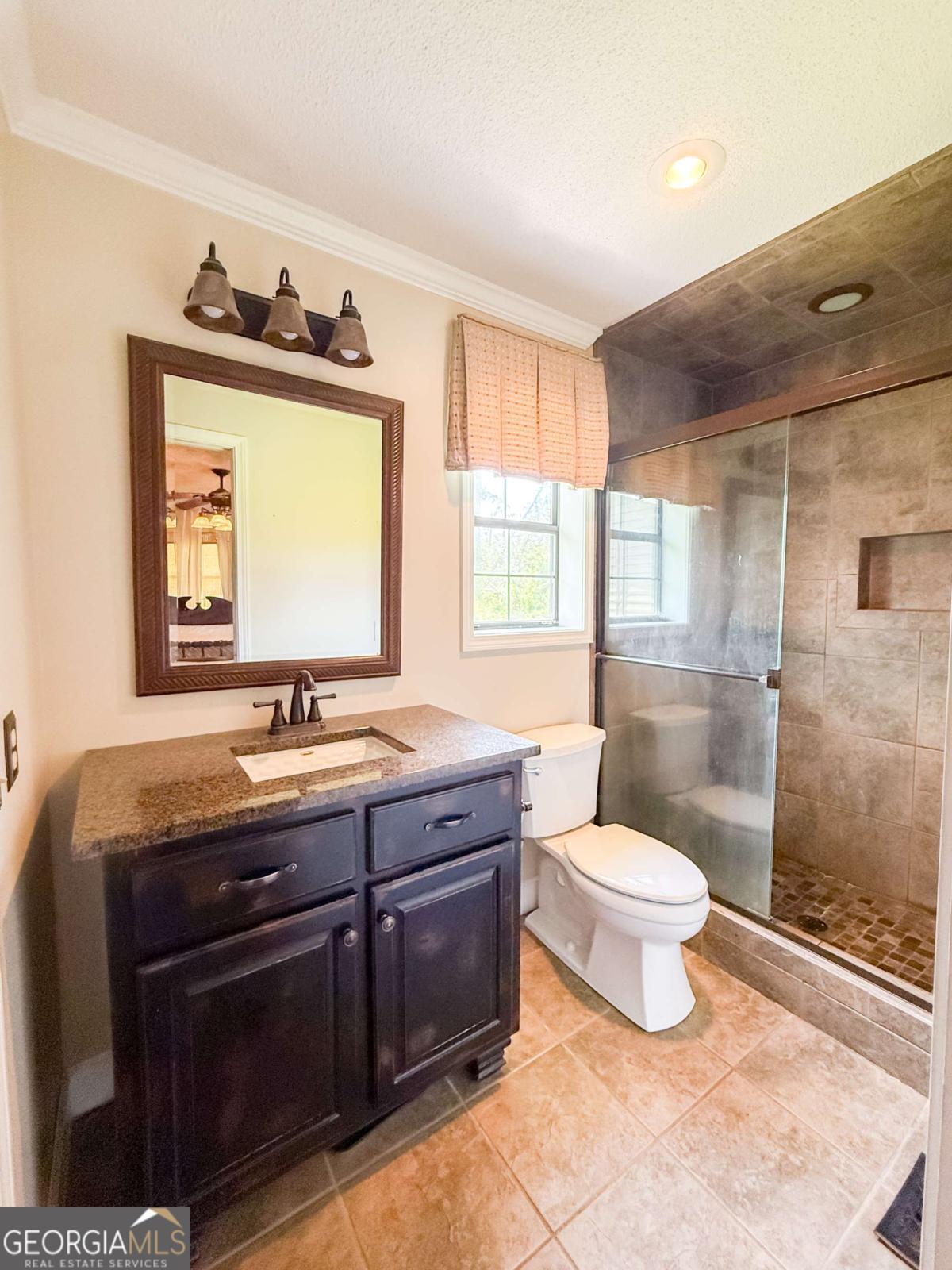 371 Burketts Ferry Road Hazlehurst, GA 31539 - Photo 44 of 53 a bathroom with a granite countertop toilet a sink a mirror and a shower
