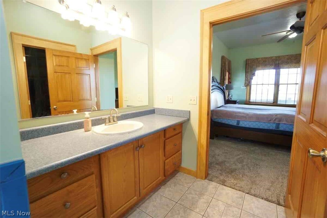 9835 Kile Road Chardon, OH 44024 - Photo 16 of 40 Master bathroom featuring ceiling fan, vanity, and tile floors