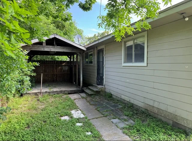 a backyard of a house with plants and tree
