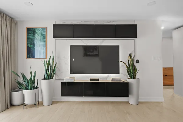 a living room with a potted plant