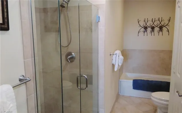 a bathroom with a shower and toilet