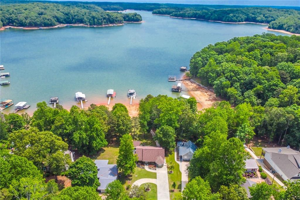591 Rue Cezzan Lavonia, GA 30553 - Photo 32 of 36 an aerial view of a house with a yard and lake view