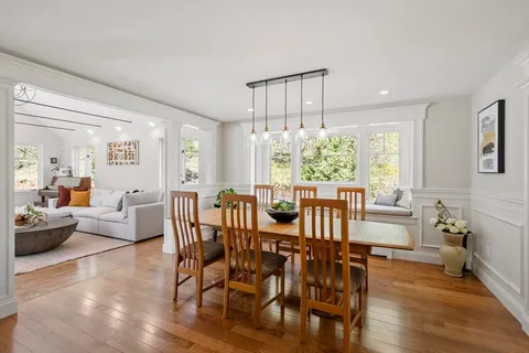 a view of a dining room with furniture window and wooden floor