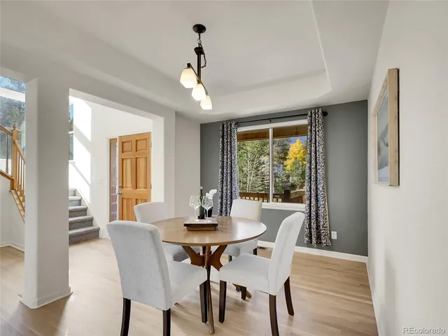 a view of a dining room with furniture window and outside view