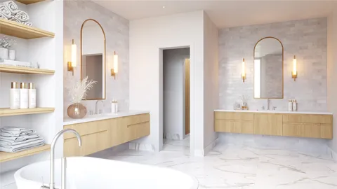 a spacious bathroom with a tub sink and mirror