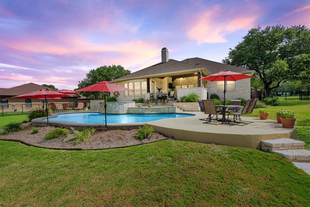 a garden view with a seating space