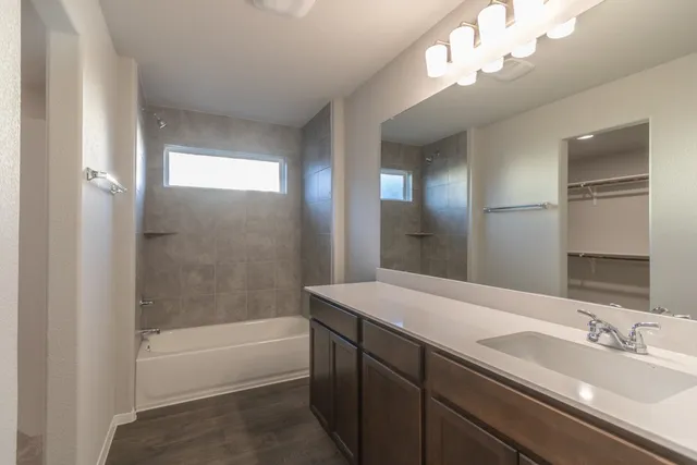 a bathroom with a bathtub a sink and a mirror