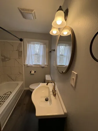 a bathroom with a sink a toilet and a mirror