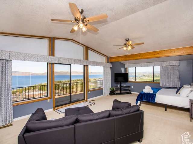 588 Raspberry Patch Road Garden City, UT 84028 - Photo 26 of 74 Carpeted living room with a textured ceiling and ceiling fan