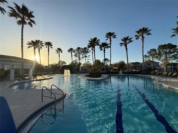 a view of a lake with palm trees