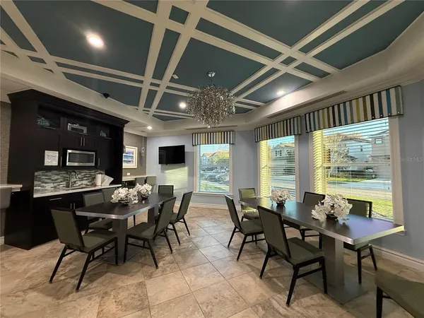 a view of a dining room with furniture