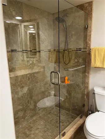 a bathroom with a shower and toilet