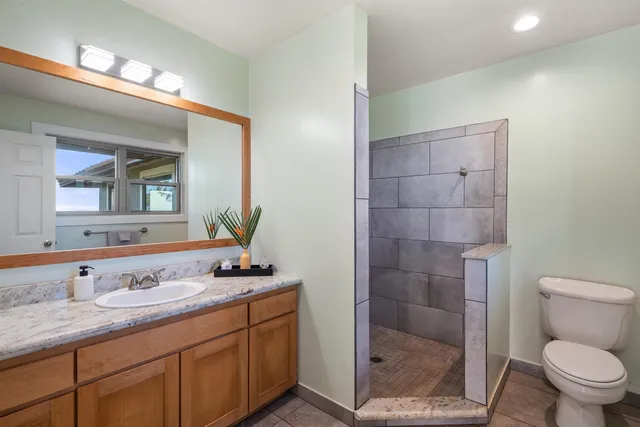 a bathroom with a granite countertop sink toilet and shower