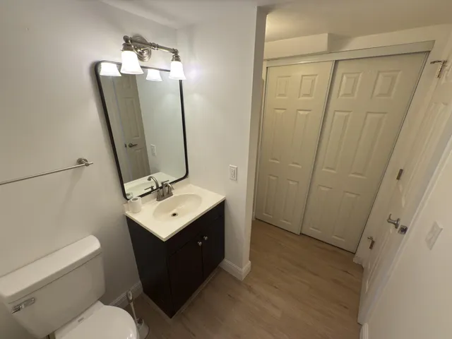 a bathroom with a sink vanity mirror and toilet
