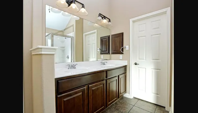 a bathroom with a sink a mirror and a shower