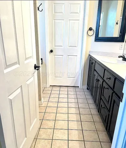 a bathroom with a sink a mirror and shower