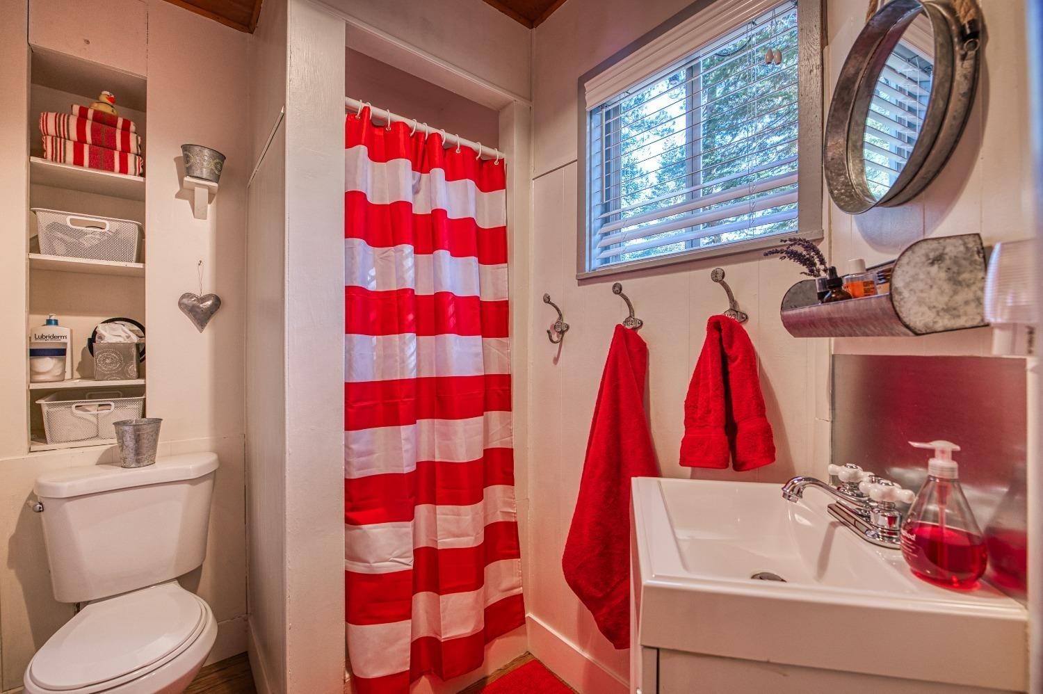 61347 Old Hunting Road Mono Hot Springs, CA 93634 - Photo 13 of 31 a bathroom with a sink toilet and shower curtain